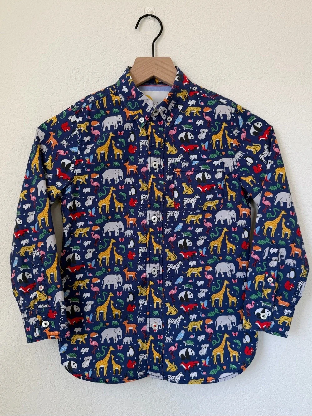 Mini Boden Navy Shirt with Colorful Animal Print 7-8